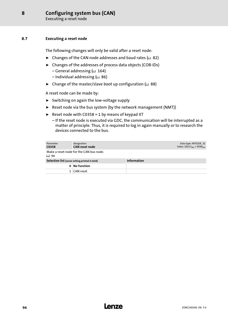 7 executing a reset node, Executing a reset node, Configuring system bus (can) | Lenze ECSCExxx Power supply module User Manual | Page 94 / 182