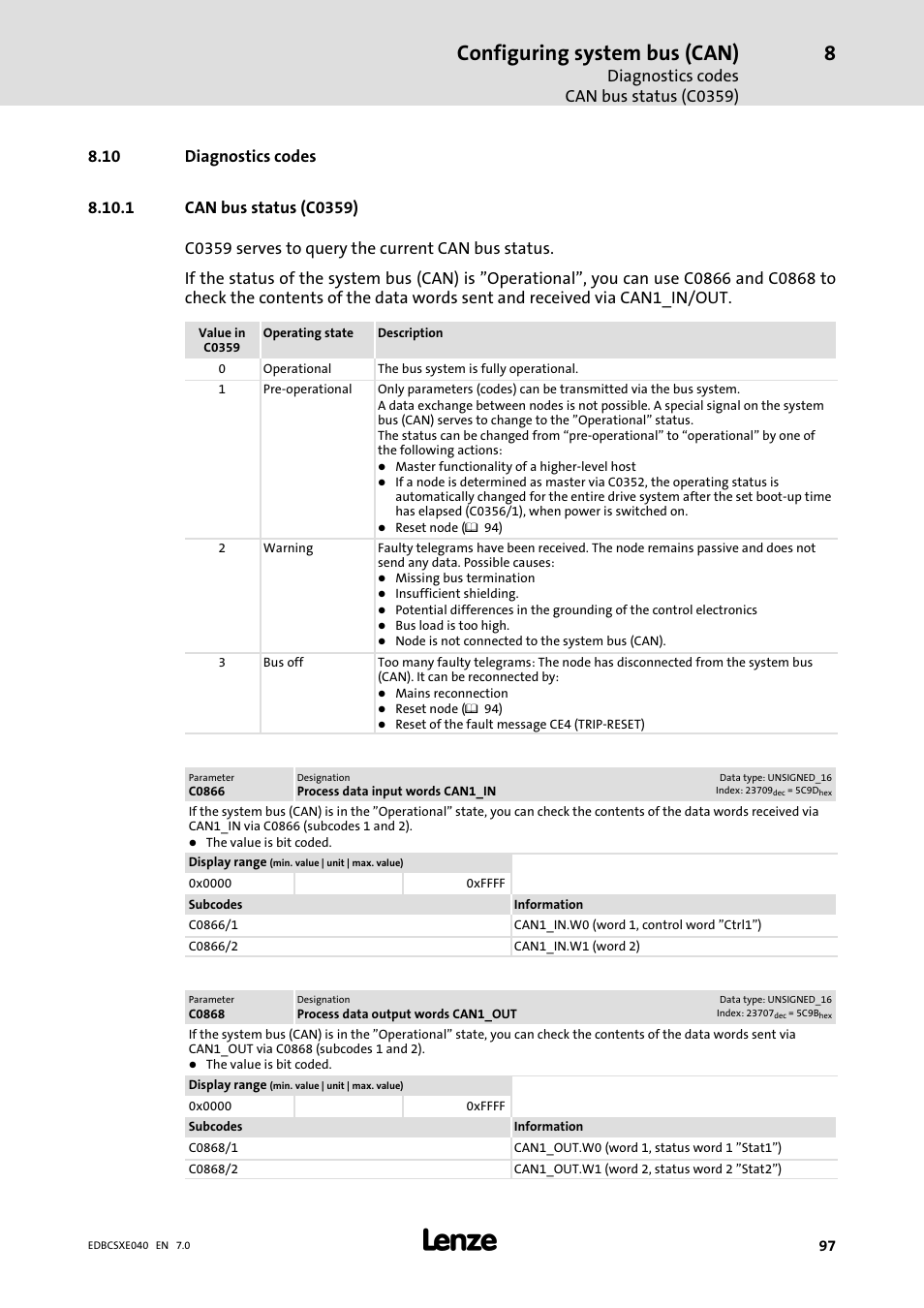 10 diagnostics codes, 1 can bus status (c0359), Can bus status (c0359) | Configuring system bus (can), Diagnostics codes can bus status (c0359) | Lenze ECSCExxx Power supply module User Manual | Page 97 / 182