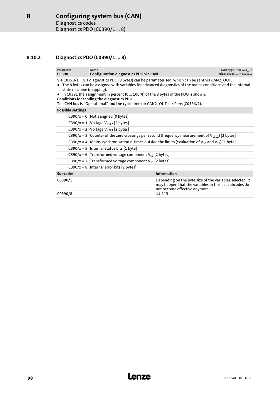 2 diagnostics pdo (c0390/1 ), Diagnostics pdo (c0390/1 ), Configuring system bus (can) | Lenze ECSCExxx Power supply module User Manual | Page 98 / 182