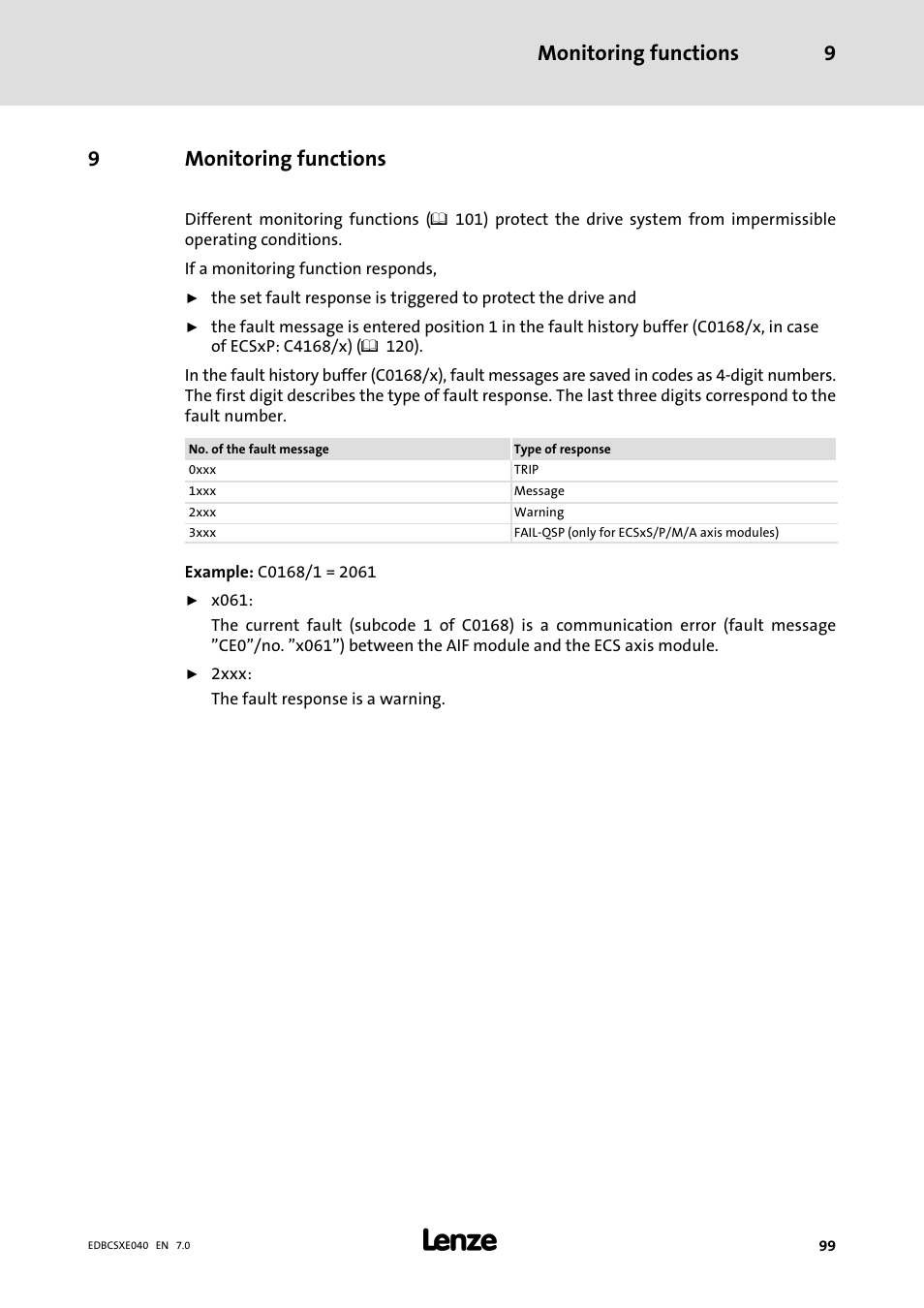 9 monitoring functions, Monitoring functions, 99) but it | Monitoring functions 9, 9monitoring functions | Lenze ECSCExxx Power supply module User Manual | Page 99 / 182