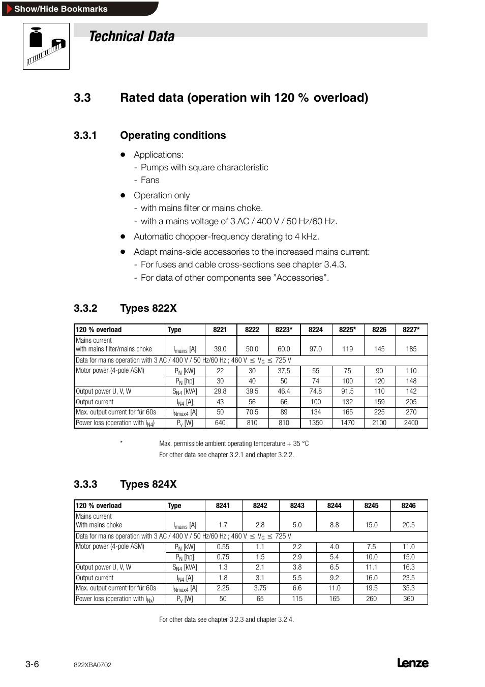 3 rated data (operation wih 120 % overload), 1 operating conditions, 2 types 822x | 3 types 824x, Rated data (operation wih 120 % overload), Operating conditions, Types 822x, Types 824x, Technical data | Lenze 8240 frequency inverters User Manual | Page 14 / 66