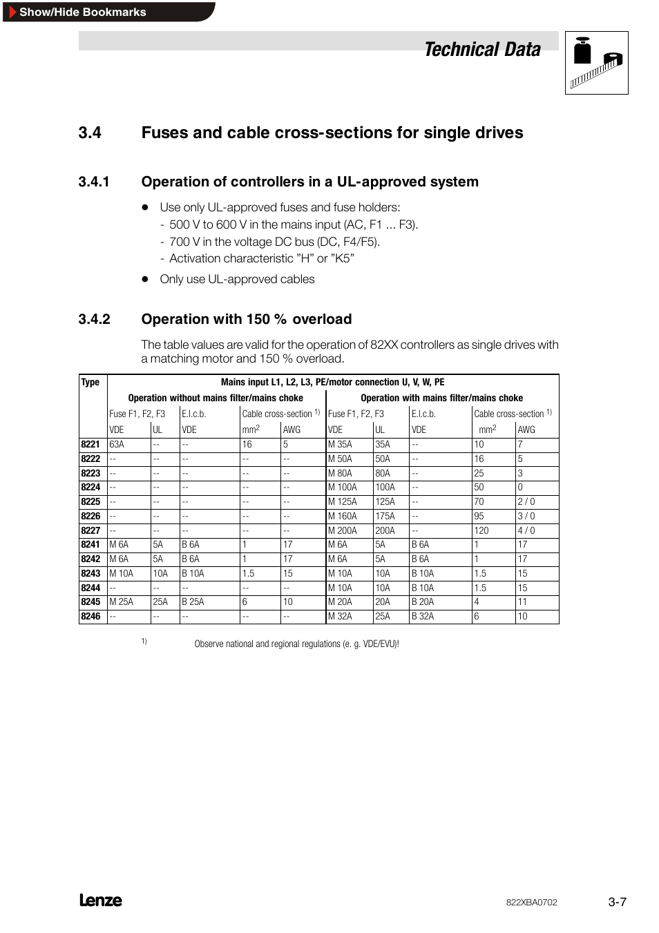 4 fuses and cable cross-sections for single drives, 1 operation of controllers in a ul-approved system, 2 operation with 150 % overload | Fuses and cable cross-sections for single drives, Operation of controllers in a ul-approved system, Operation with 150 % overload, Technical data | Lenze 8240 frequency inverters User Manual | Page 15 / 66