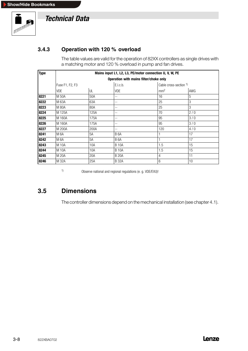 3 operation with 120 % overload, 5 dimensions, Operation with 120 % overload | Dimensions, Technical data | Lenze 8240 frequency inverters User Manual | Page 16 / 66