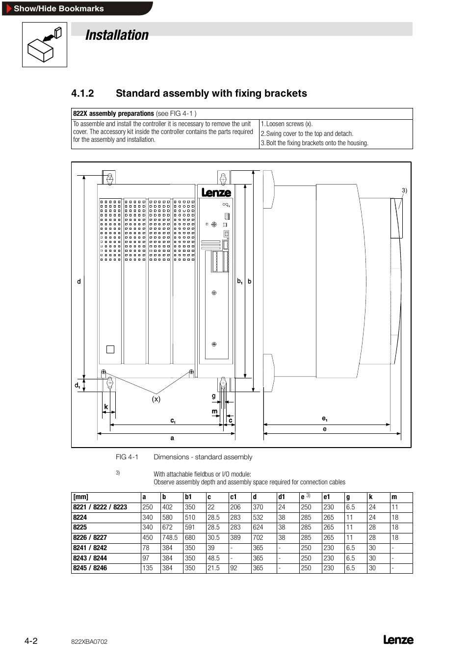 2 standard assembly with fixing brackets, Standard assembly with fixing brackets, Installation | Lenze 8240 frequency inverters User Manual | Page 18 / 66