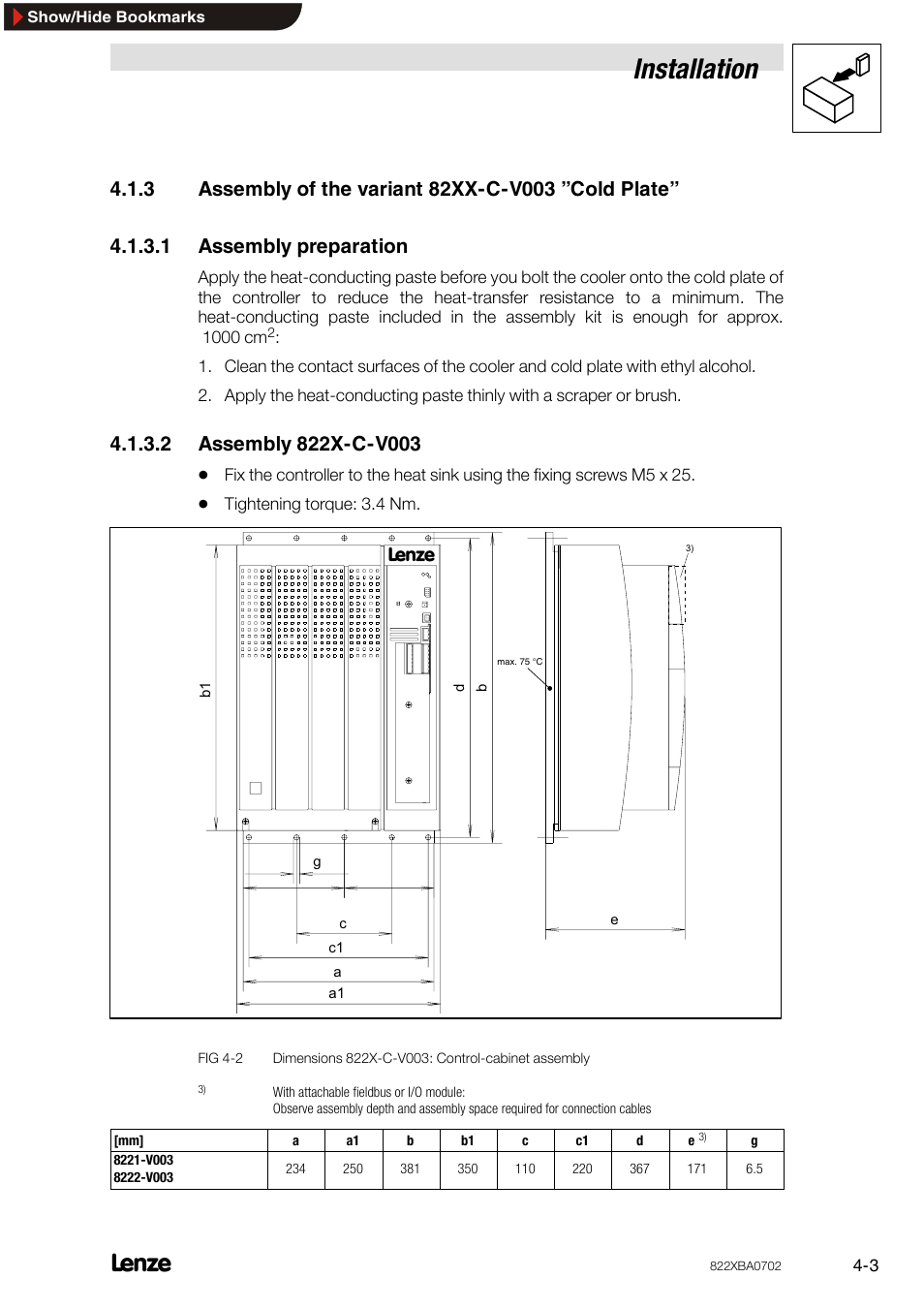 1 assembly preparation, 2 assembly 822x-c-v003, Assembly of the variant 82xx-c-v003 ” cold plate | Assembly preparation, Assembly 822x-c-v003, Installation | Lenze 8240 frequency inverters User Manual | Page 19 / 66