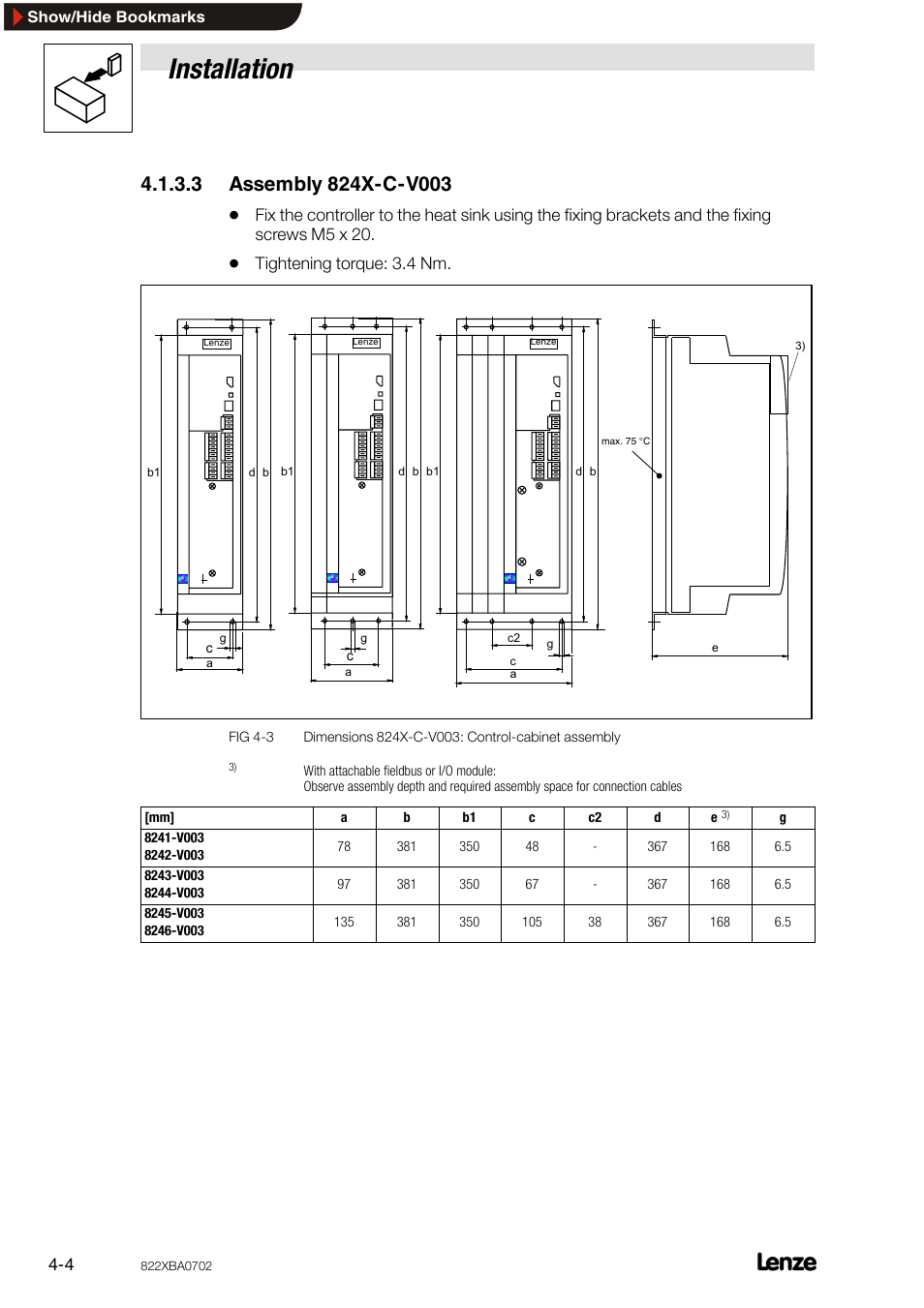 3 assembly 824x-c-v003, Assembly 824x-c-v003, Installation | Lenze 8240 frequency inverters User Manual | Page 20 / 66