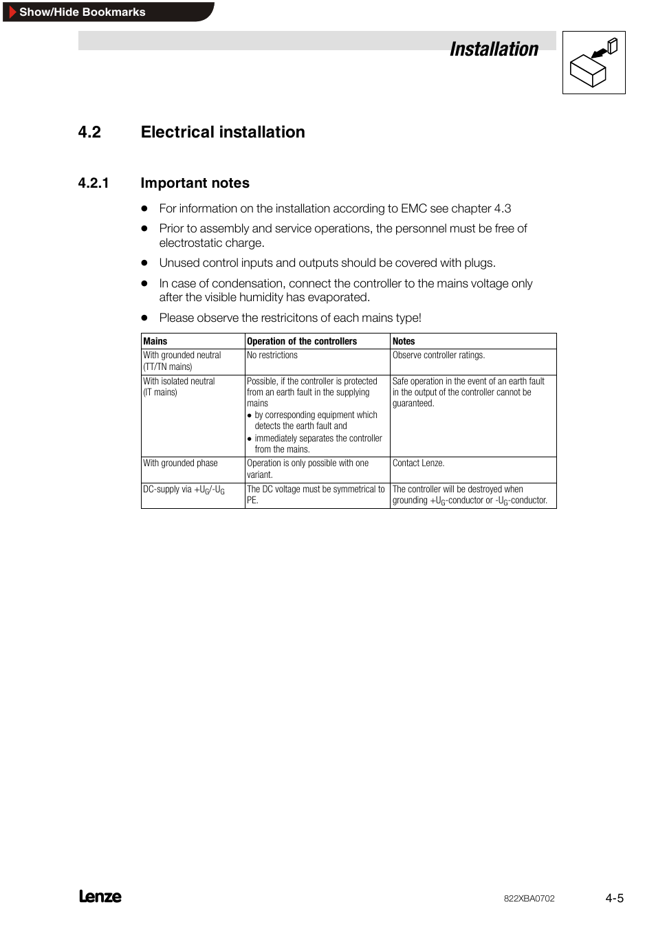 2 electrical installation, 1 important notes, Electrical installation | Important notes, Installation | Lenze 8240 frequency inverters User Manual | Page 21 / 66