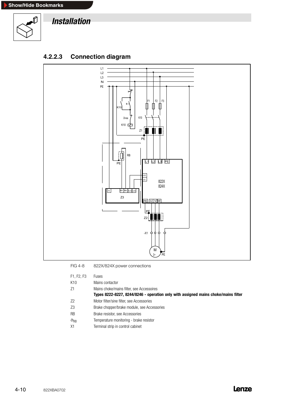 3 connection diagram, Connection diagram, Installation | Show/hide bookmarks | Lenze 8240 frequency inverters User Manual | Page 26 / 66