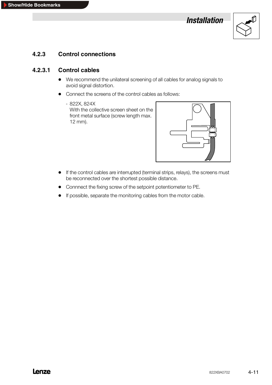 3 control connections, 1 control cables, Control connections | Control cables, Installation | Lenze 8240 frequency inverters User Manual | Page 27 / 66