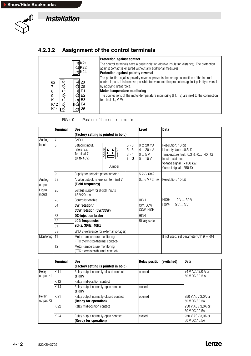 2 assignment of the control terminals, Assignment of the control terminals, Installation | Lenze 8240 frequency inverters User Manual | Page 28 / 66