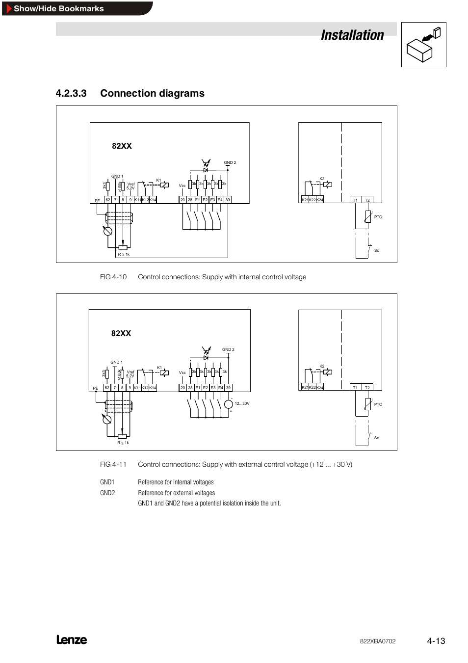 3 connection diagrams, Connection diagrams, Installation | 82xx, Show/hide bookmarks | Lenze 8240 frequency inverters User Manual | Page 29 / 66