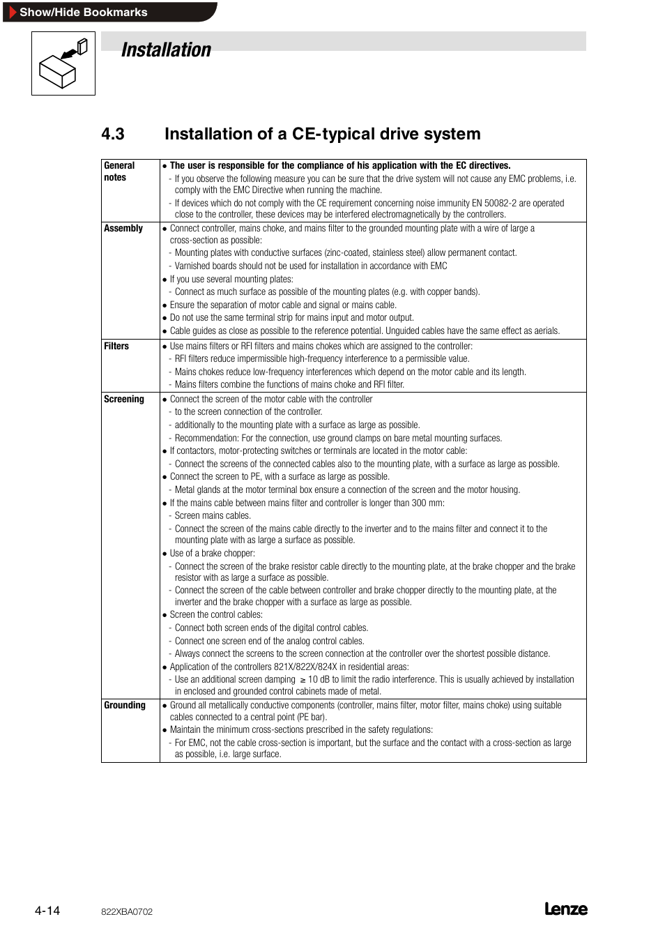 3 installation of a ce-typical drive system, Installation of a ce-typical drive system, Installation | Lenze 8240 frequency inverters User Manual | Page 30 / 66