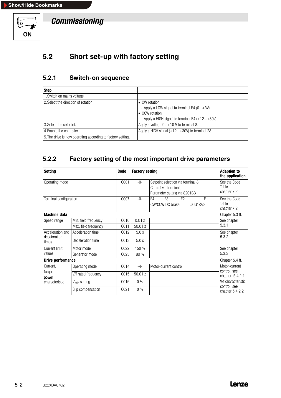 2 short set-up with factory setting, 1 switch-on sequence, Short set-up with factory setting | Switch-on sequence, Commissioning | Lenze 8240 frequency inverters User Manual | Page 34 / 66