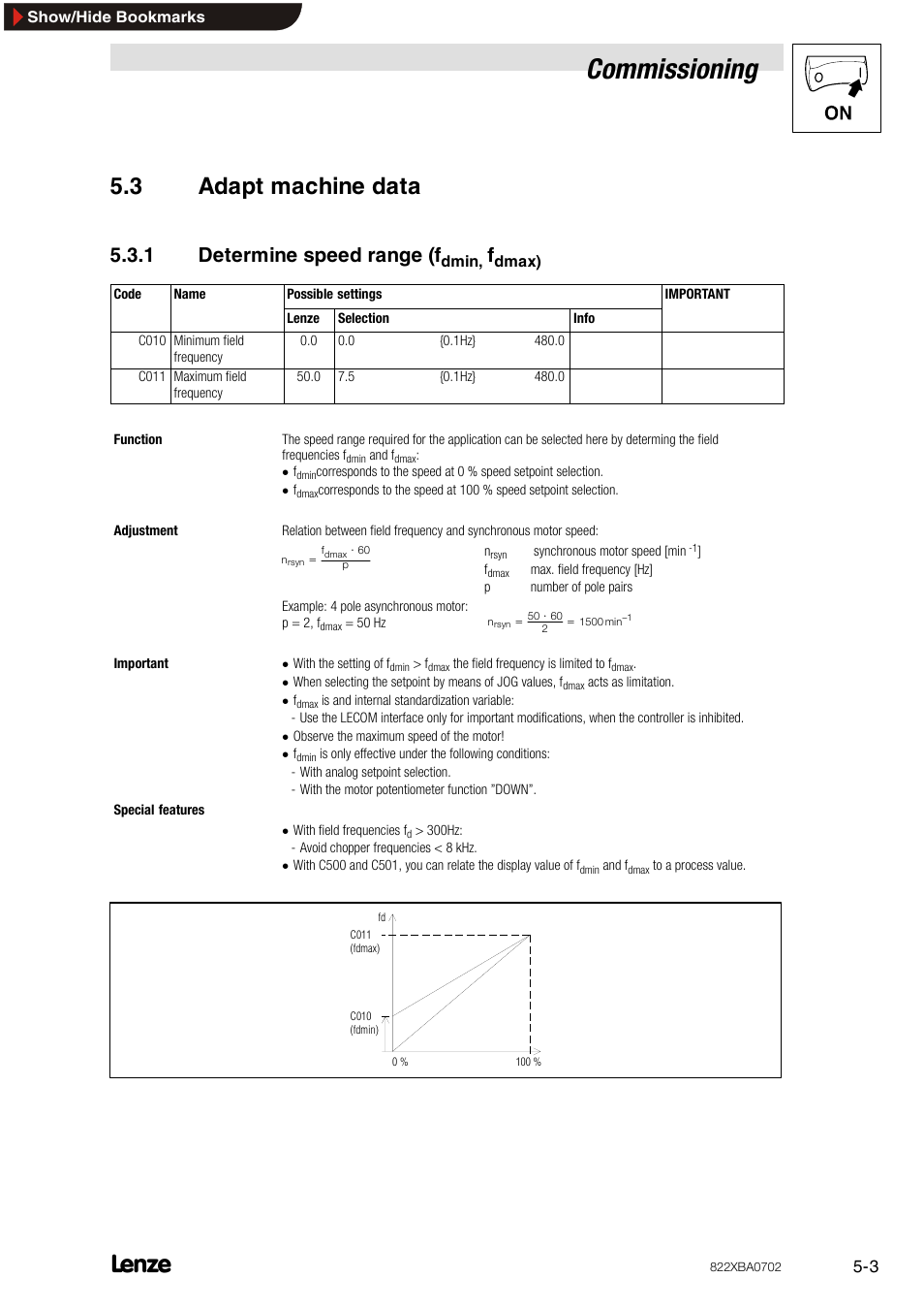 3 adapt machine data, 1 determine speed range (fdmin, fdmax), Adapt machine data | Determine speed range (fdmin, fdmax), Commissioning, 1 determine speed range (f | Lenze 8240 frequency inverters User Manual | Page 35 / 66