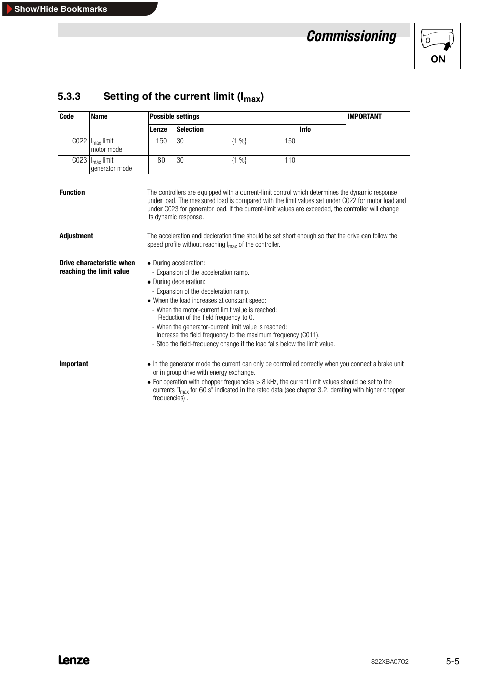 3 setting of the current limit (imax), Setting of the current limit (imax), Commissioning | 3 setting of the current limit (i | Lenze 8240 frequency inverters User Manual | Page 37 / 66