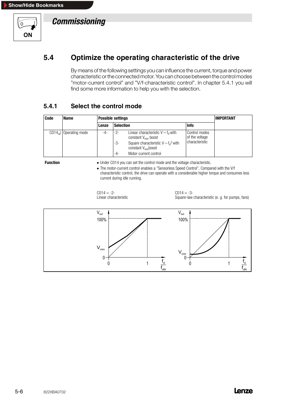 1 select the control mode, Optimize the operating characteristic of the drive, Select the control mode | Commissioning | Lenze 8240 frequency inverters User Manual | Page 38 / 66