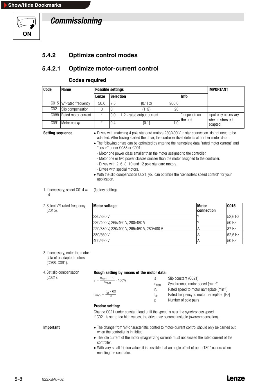 2 optimize control modes, 1 optimize motor-current control, Optimize control modes | Optimize motor-current control, Commissioning | Lenze 8240 frequency inverters User Manual | Page 40 / 66