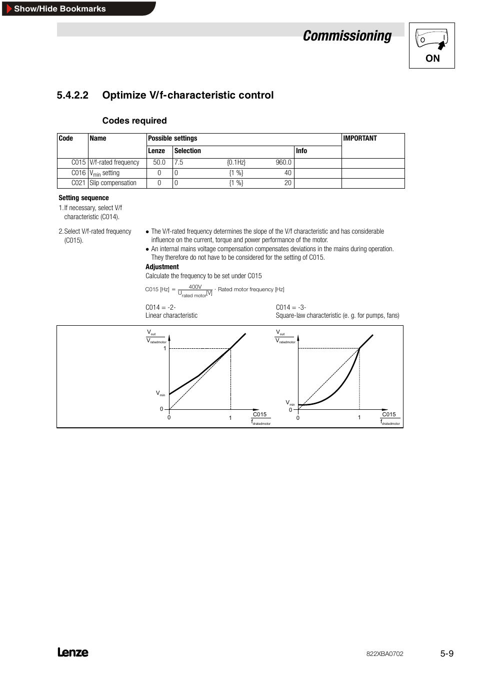 2 optimize v/ f-characteristic control, Optimize v/f-characteristic control, Commissioning | 2 optimize v/f-characteristic control, Codes required | Lenze 8240 frequency inverters User Manual | Page 41 / 66