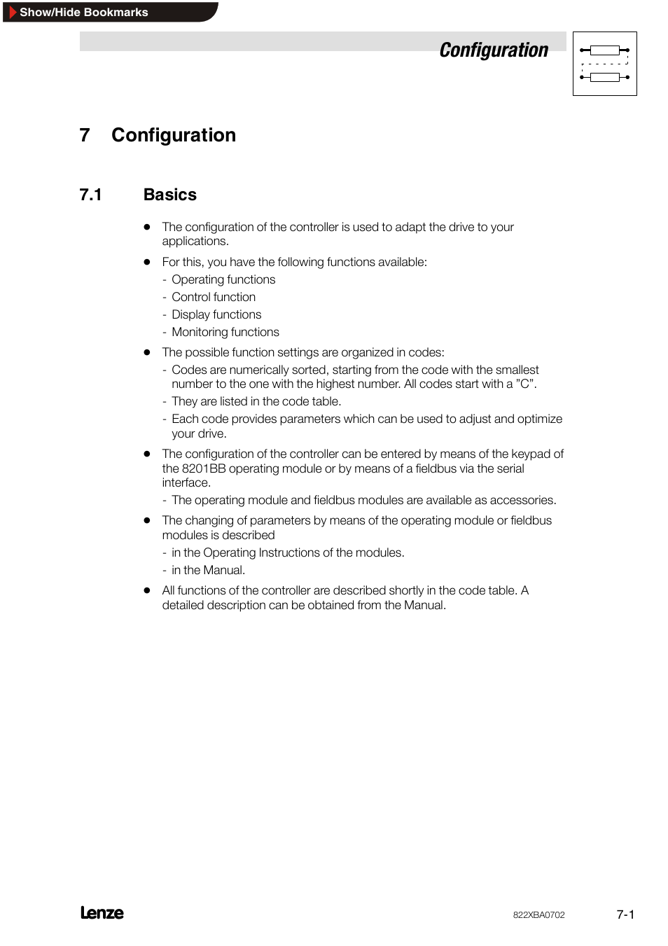 7 configuration, 1 basics, Configuration | Basics, 7configuration | Lenze 8240 frequency inverters User Manual | Page 45 / 66