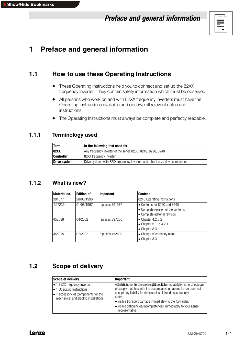 1 preface and general information, 1 how to use these operating instructions, 1 terminology used | 2 what is new, 2 scope of delivery, Preface and general information, How to use these operating instructions, Terminology used, What is new, Scope of delivery | Lenze 8240 frequency inverters User Manual | Page 5 / 66