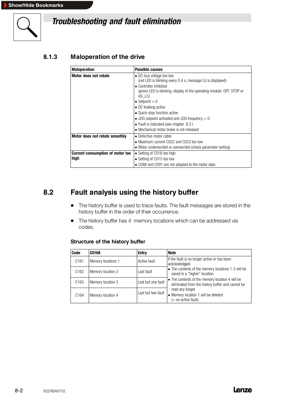 3 maloperation of the drive, 2 fault analysis using the history buffer, Maloperation of the drive | Fault analysis using the history buffer, Troubleshooting and fault elimination | Lenze 8240 frequency inverters User Manual | Page 52 / 66