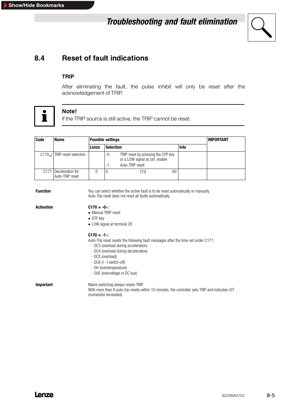 4 reset of fault indications, Reset of fault indications, Troubleshooting and fault elimination | Lenze 8240 frequency inverters User Manual | Page 55 / 66