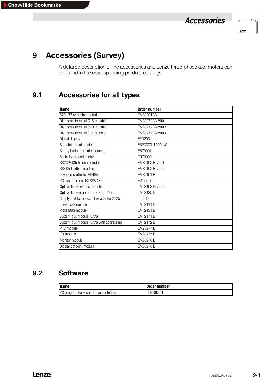 9 accessories (survey), 1 accessories for all types, 2 software | Accessories (survey), Accessories for all types, Software, Accessories, 9accessories (survey) | Lenze 8240 frequency inverters User Manual | Page 57 / 66