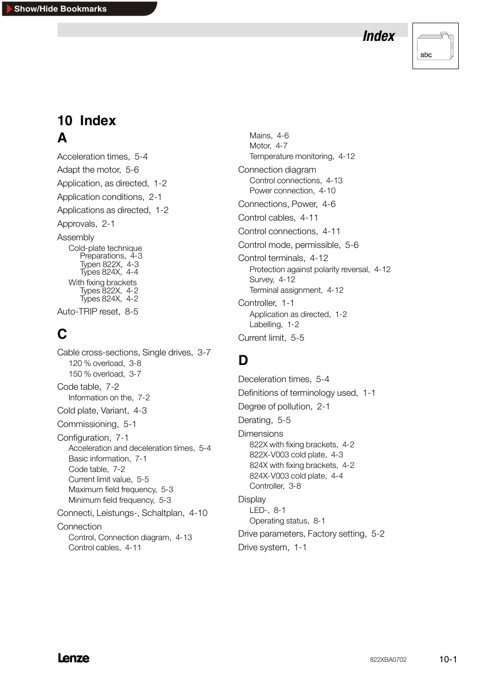 10 index, Index, 10 index a | Lenze 8240 frequency inverters User Manual | Page 61 / 66