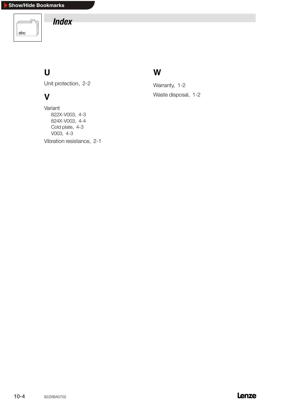 Index | Lenze 8240 frequency inverters User Manual | Page 64 / 66