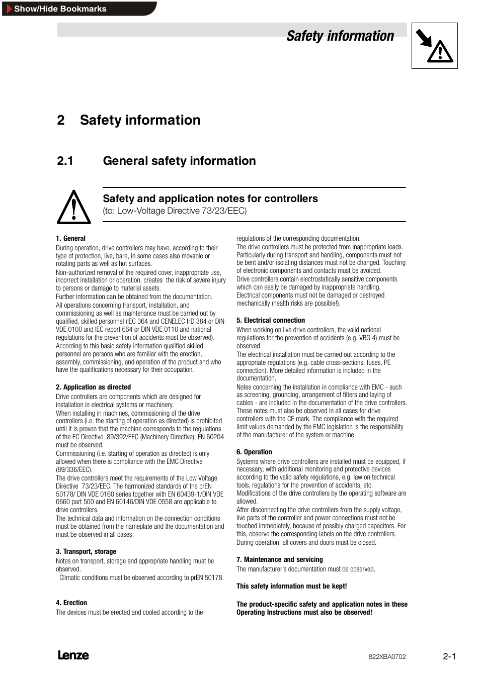 2 safety information, 1 general safety information, Safety information | General safety information, 2safety information | Lenze 8240 frequency inverters User Manual | Page 7 / 66