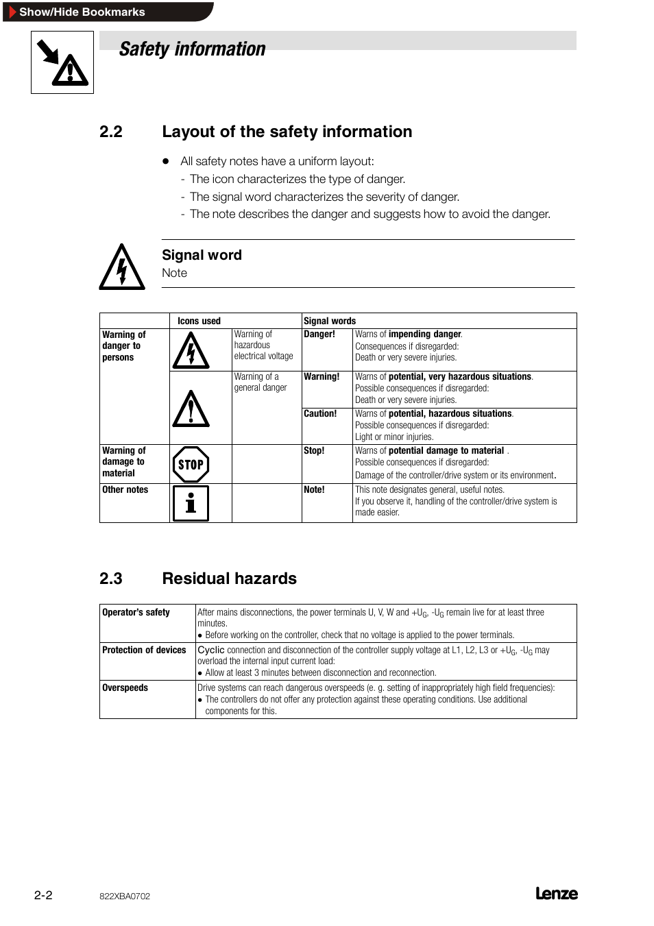 2 layout of the safety information, 3 residual hazards, Layout of the safety information | Residual hazards, Safety information, Signal word | Lenze 8240 frequency inverters User Manual | Page 8 / 66