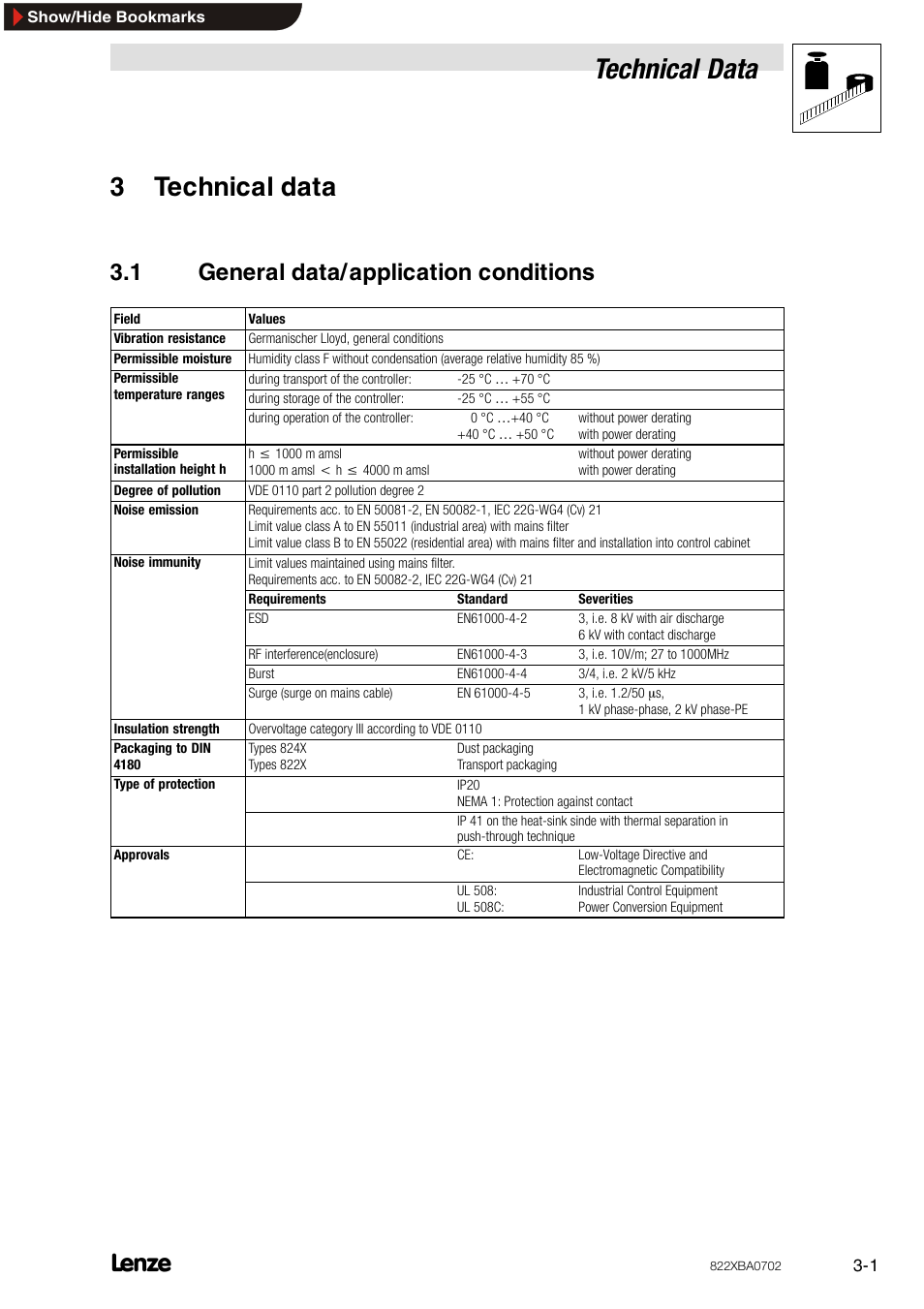 3 technical data, 1 general data/ application conditions, Technical data | General data/application conditions, 3technical data, 1 general data/application conditions | Lenze 8240 frequency inverters User Manual | Page 9 / 66