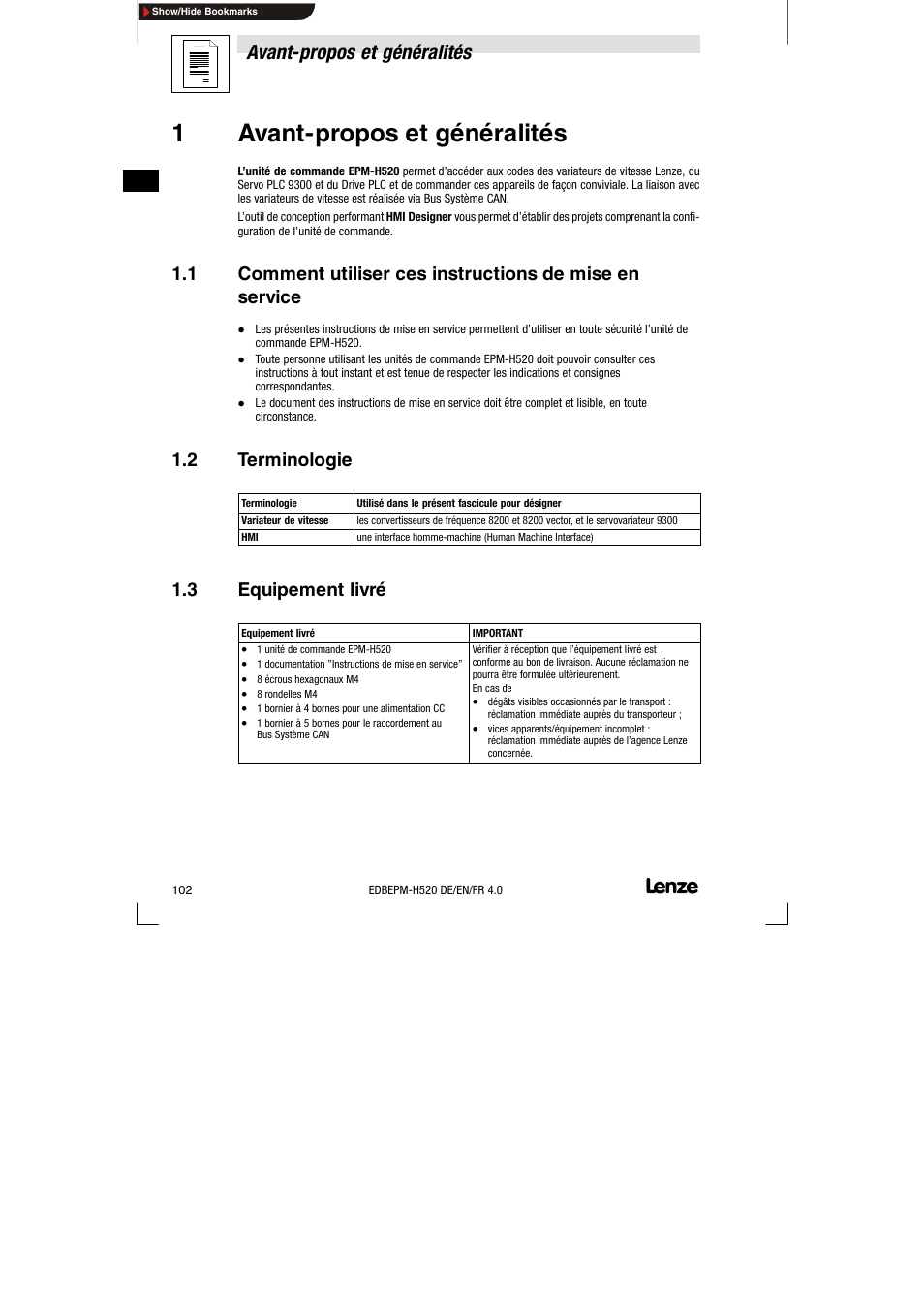 1 avant-propos et généralités, 2 terminologie, 3 equipement livré | Terminologie, Equipement livré, 1avant-propos et généralités, Avant-propos et généralités | Lenze EPM-H520 User Manual | Page 102 / 148