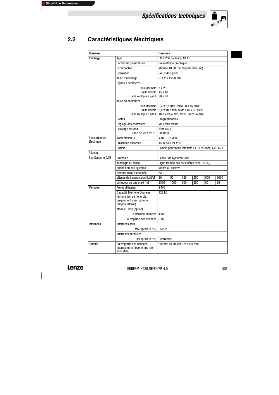 2 caractéristiques électriques, Caractéristiques électriques, Spécifications techniques | Lenze EPM-H520 User Manual | Page 105 / 148