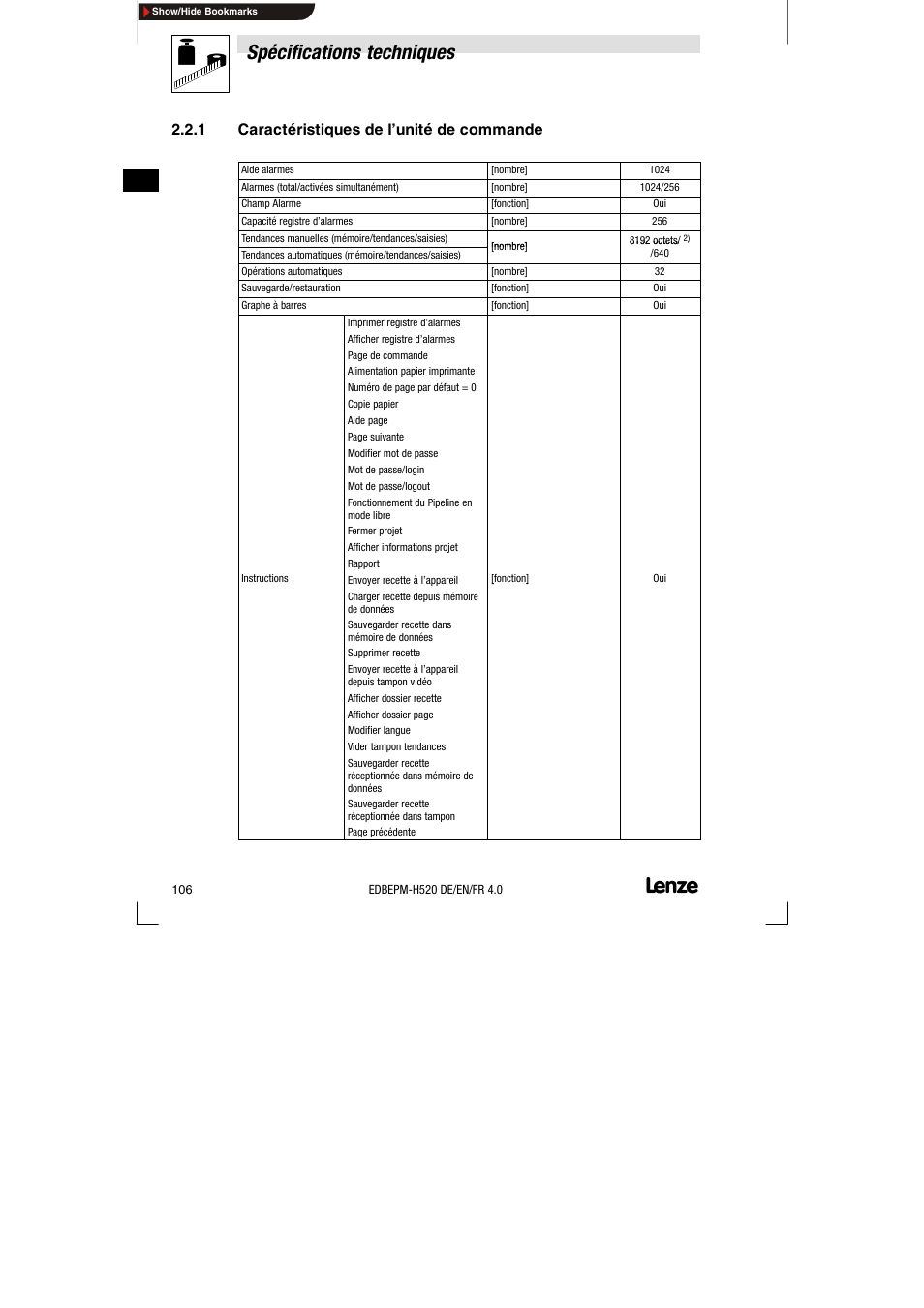 1 caractéristiques de l'unité de commande, Caractéristiques de l’unité de commande, Spécifications techniques | 1 caractéristiques de l’unité de commande | Lenze EPM-H520 User Manual | Page 106 / 148
