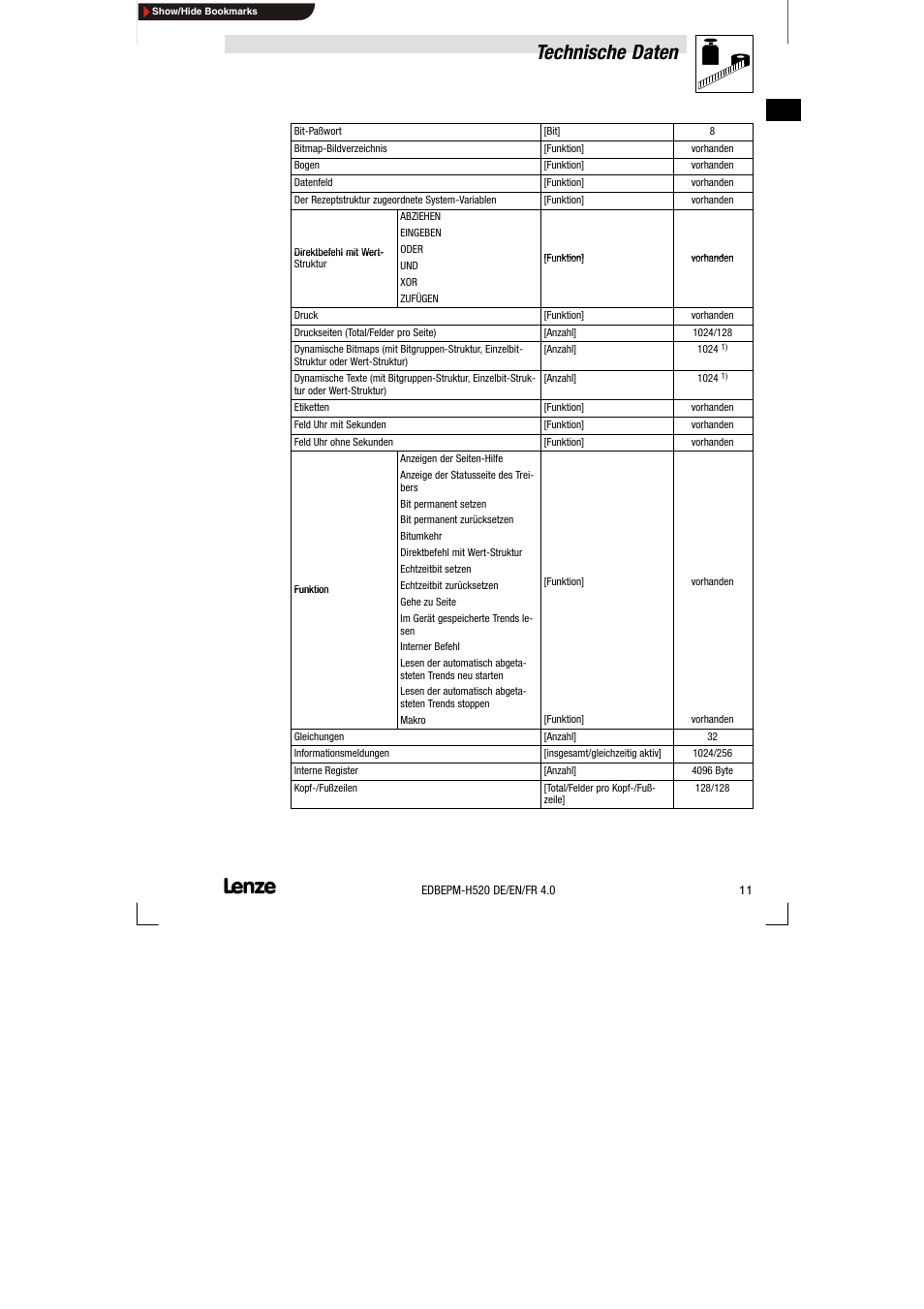Technische daten | Lenze EPM-H520 User Manual | Page 11 / 148