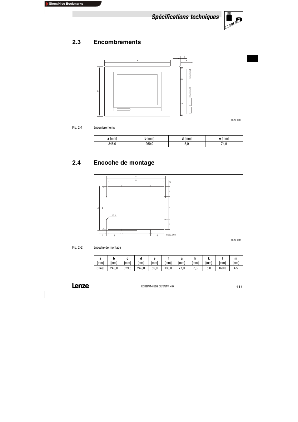 3 encombrements, 4 encoche de montage, Encombrements | Encoche de montage, Spécifications techniques | Lenze EPM-H520 User Manual | Page 111 / 148