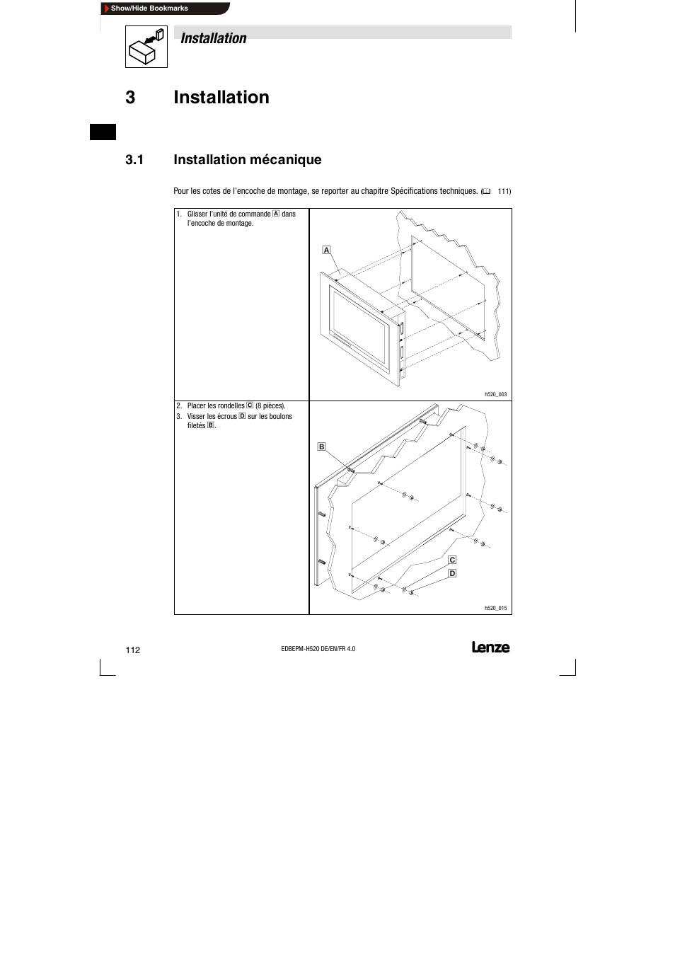 3 installation, 1 installation mécanique, Installation mécanique | 3installation, Installation | Lenze EPM-H520 User Manual | Page 112 / 148