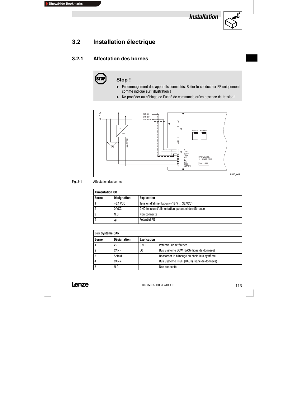 2 installation électrique, 1 affectation des bornes, Installation électrique | Affectation des bornes, Installation, Stop | Lenze EPM-H520 User Manual | Page 113 / 148
