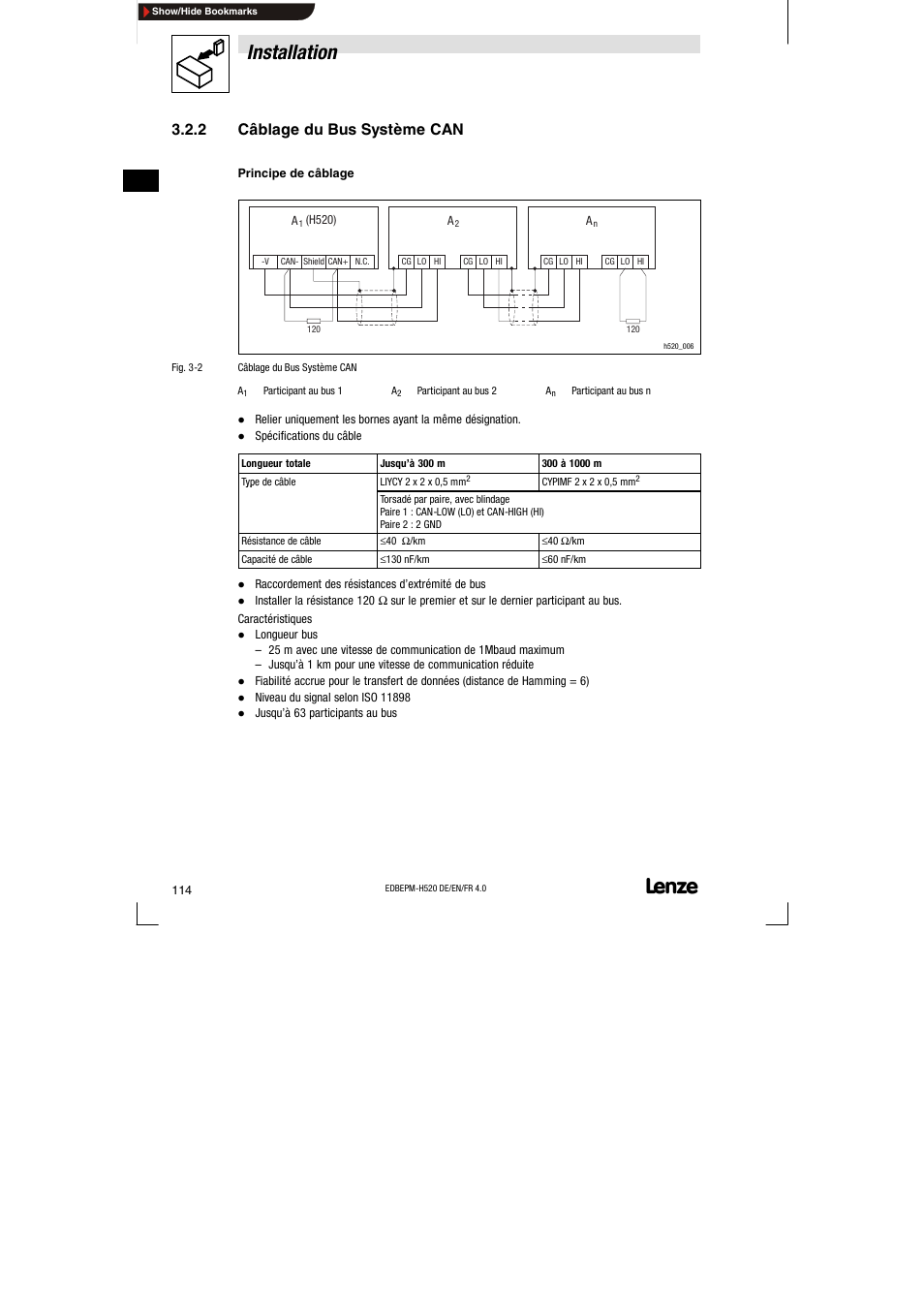 2 câblage du bus système can, Câblage du bus système can, Installation | Lenze EPM-H520 User Manual | Page 114 / 148