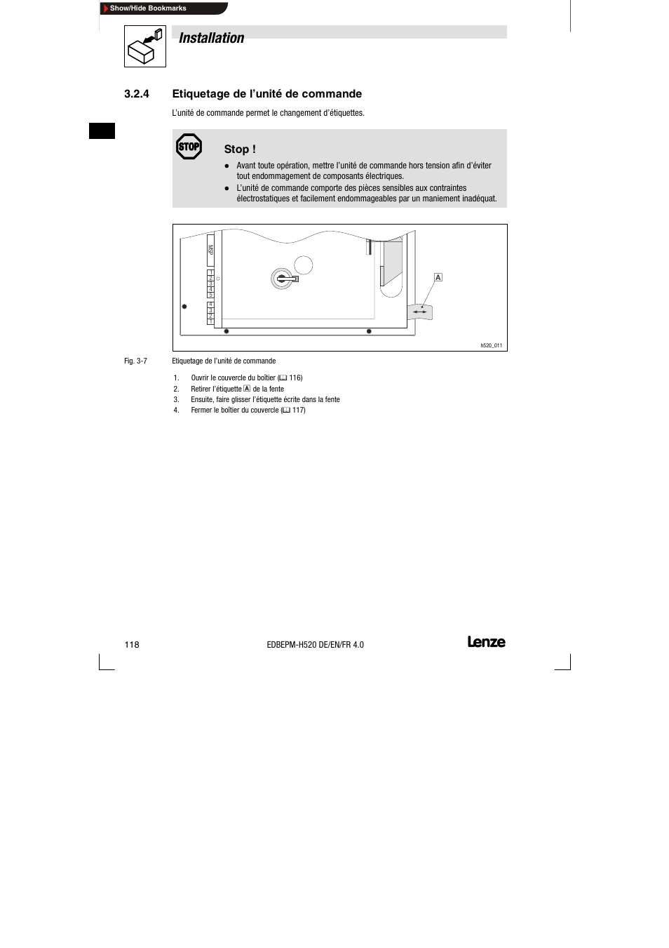 4 etiquetage de l'unité de commande, Etiquetage de l’unité de commande, Installation | Lenze EPM-H520 User Manual | Page 118 / 148