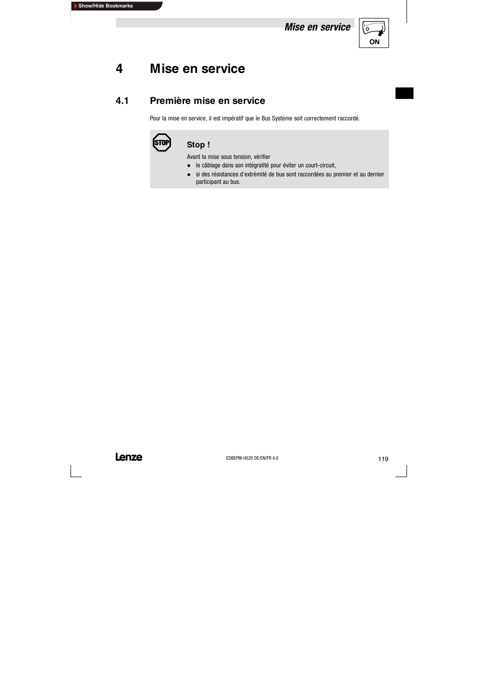 4 mise en service, 1 première mise en service, Première mise en service | 4mise en service | Lenze EPM-H520 User Manual | Page 119 / 148