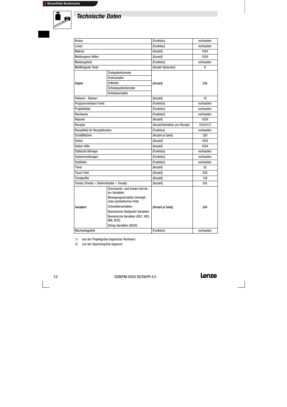Technische daten | Lenze EPM-H520 User Manual | Page 12 / 148