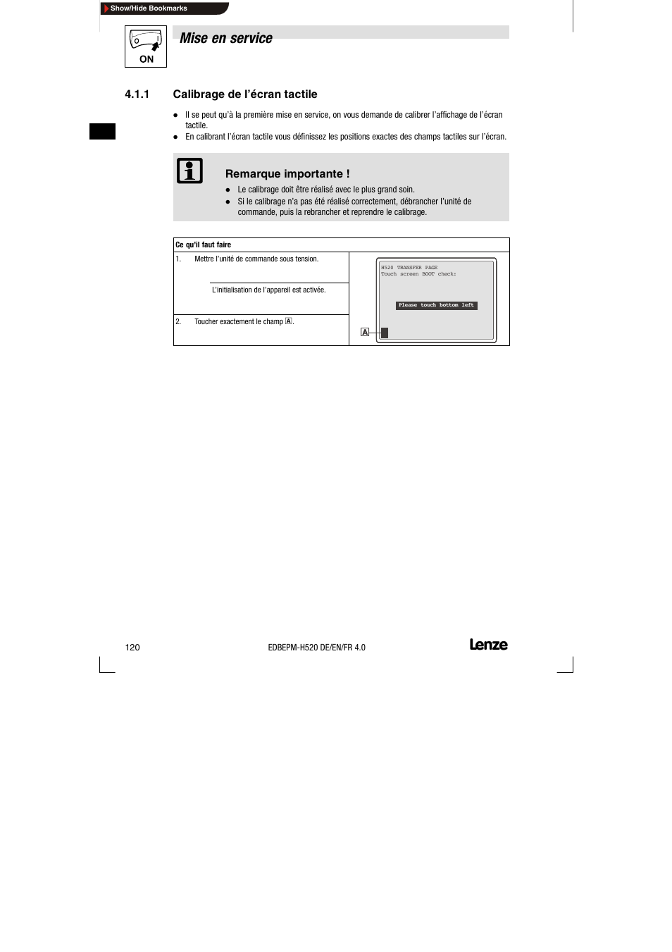 1 calibrage de l'écran tactile, Calibrage de l’écran tactile, Mise en service | Lenze EPM-H520 User Manual | Page 120 / 148
