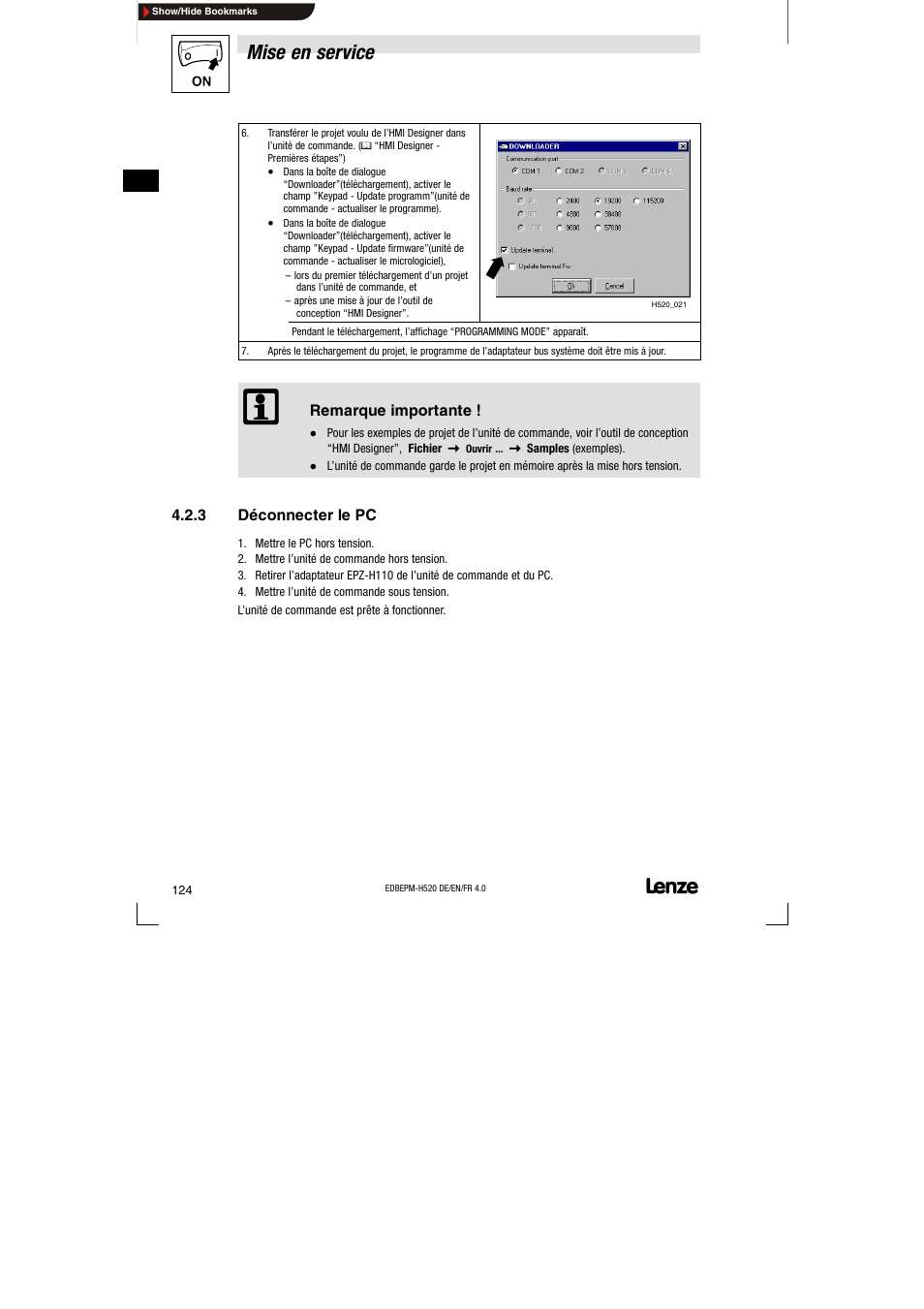 3 déconnecter le pc, Déconnecter le pc, Mise en service | Lenze EPM-H520 User Manual | Page 124 / 148