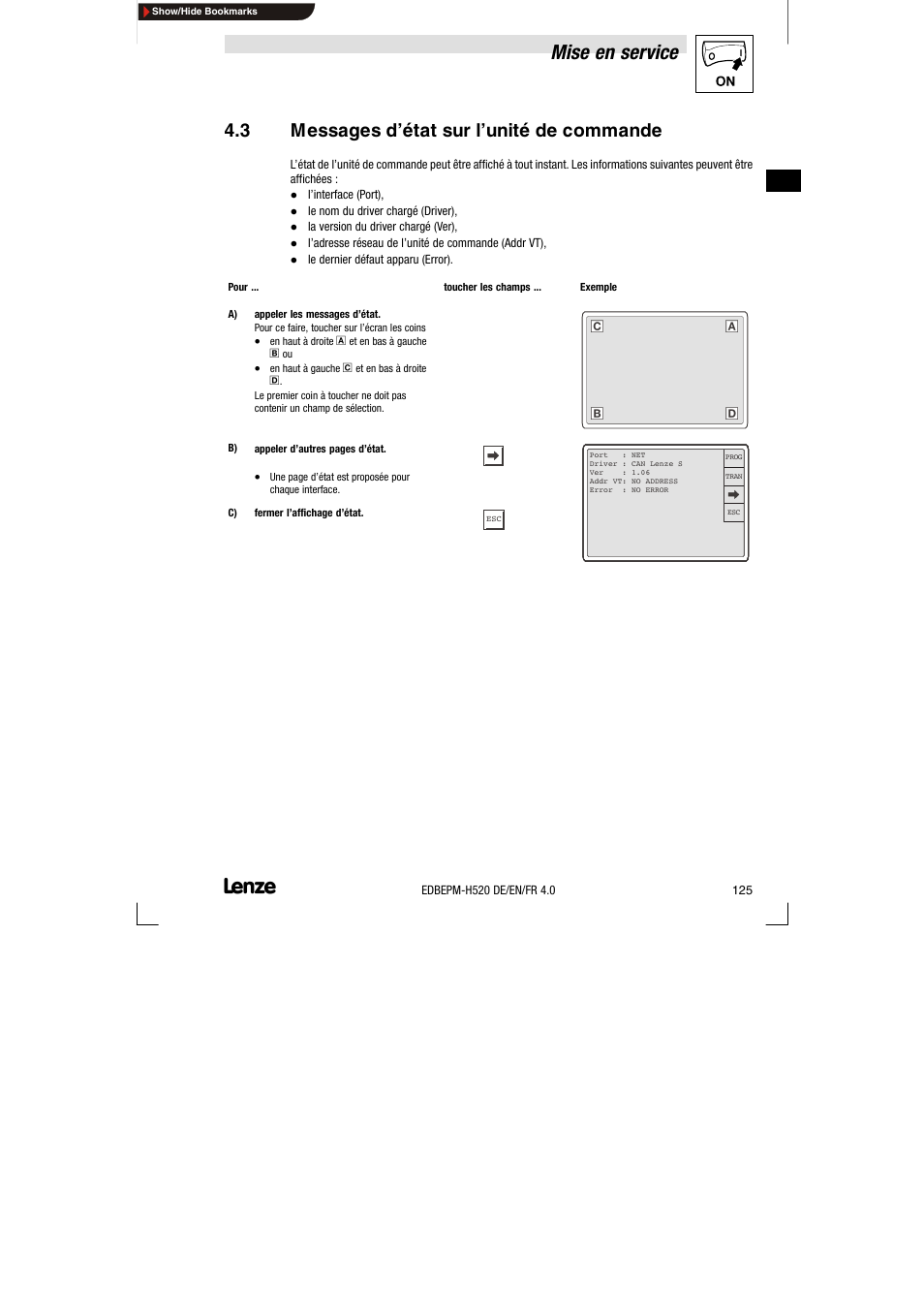 3 messages d'état sur l'unité de commande, Messages d’état sur l’unité de commande, Mise en service | 3 messages d’état sur l’unité de commande | Lenze EPM-H520 User Manual | Page 125 / 148