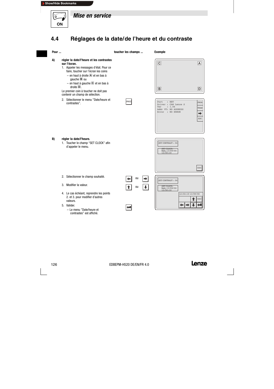 4 réglages de la date/de l'heure et du contraste, Réglages de la date/de l’heure et du contraste, Mise en service | 4 réglages de la date/de l’heure et du contraste | Lenze EPM-H520 User Manual | Page 126 / 148