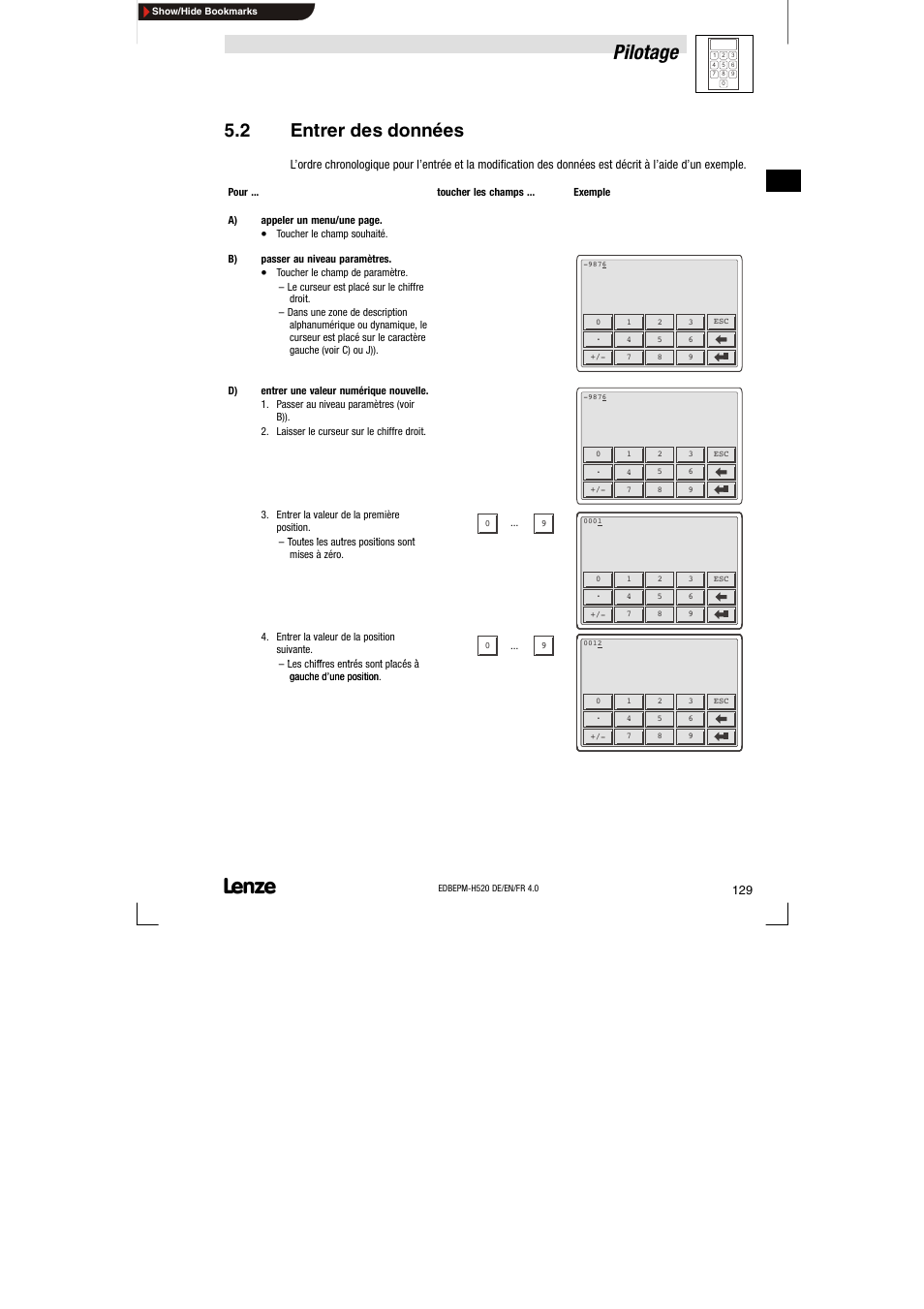2 entrer des données, Entrer des données, Pilotage | Lenze EPM-H520 User Manual | Page 129 / 148