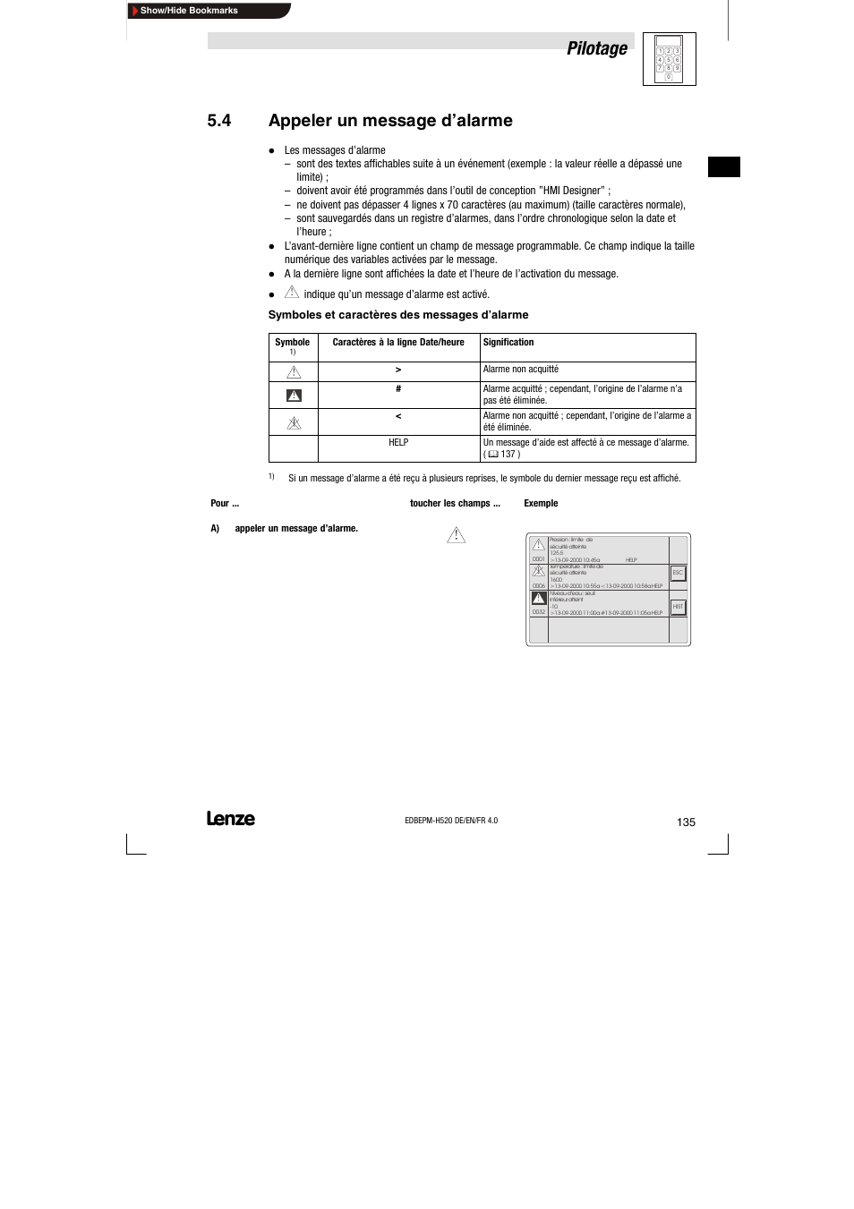 4 appeler un message d'alarme, Appeler un message d’alarme, Pilotage | 4 appeler un message d’alarme | Lenze EPM-H520 User Manual | Page 135 / 148