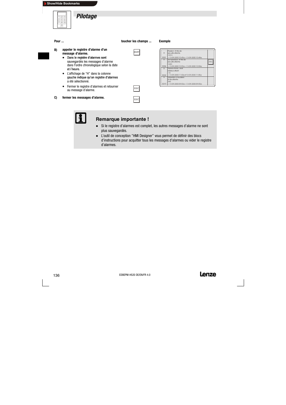 Pilotage, Remarque importante | Lenze EPM-H520 User Manual | Page 136 / 148